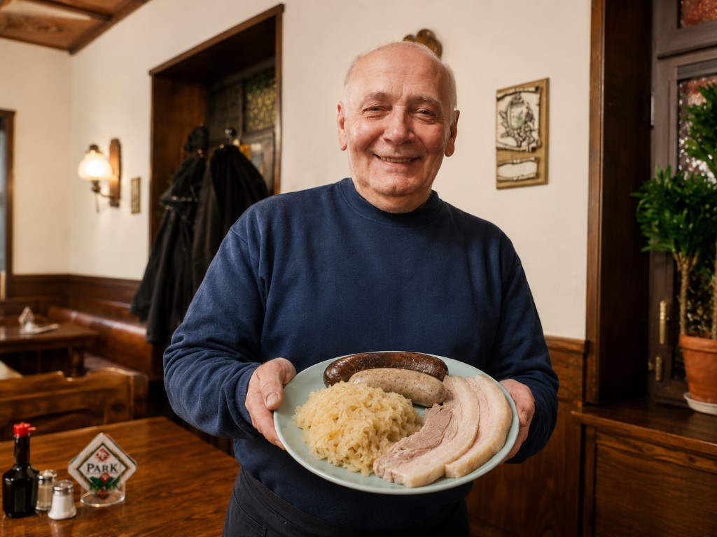 Der Peterhof-Peter mit einem Schlachtfestteller in der Hand in der Gaststube